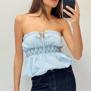 Zara Light Blue Strapless Smocked Top
